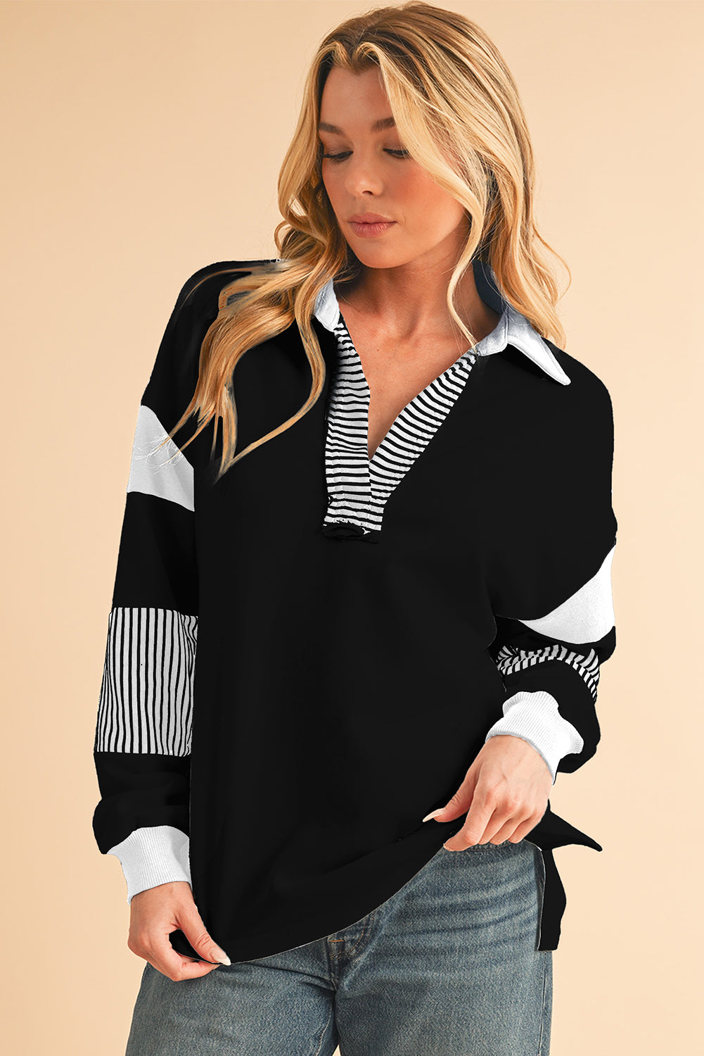 Striped Patchwork Collar Sweatshirt