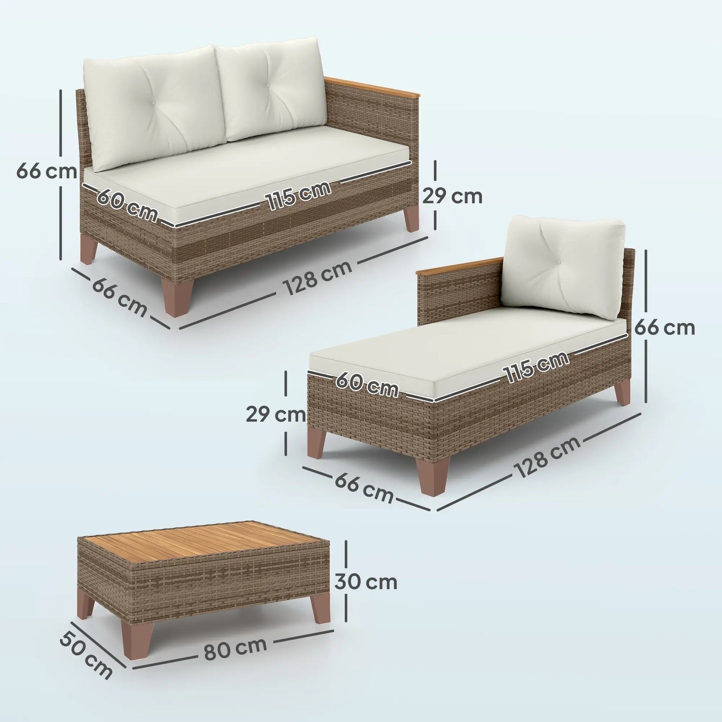 3 Pieces Rattan Garden Furniture Set - L-Shaped Sofa with Acacia Wood Coffee Table & Cushions - Cream
