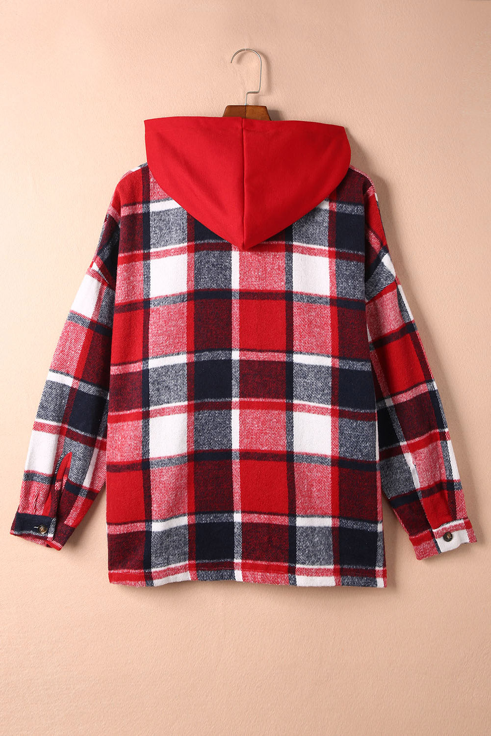 Plaid Button Front Drop Sleeve Hooded Shacket