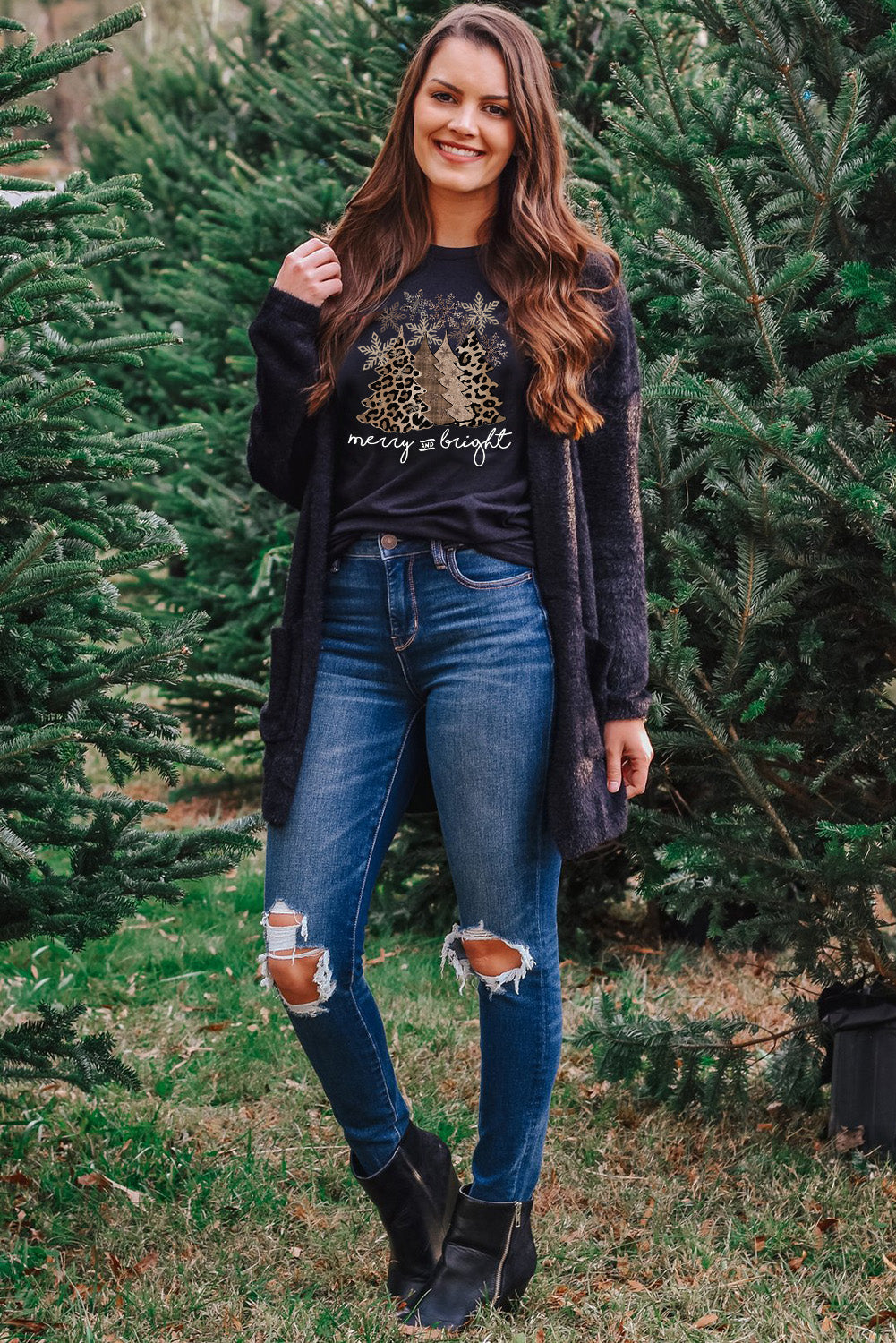 Black Leopard Christmas Tree Crew Neck Graphic T Shirt