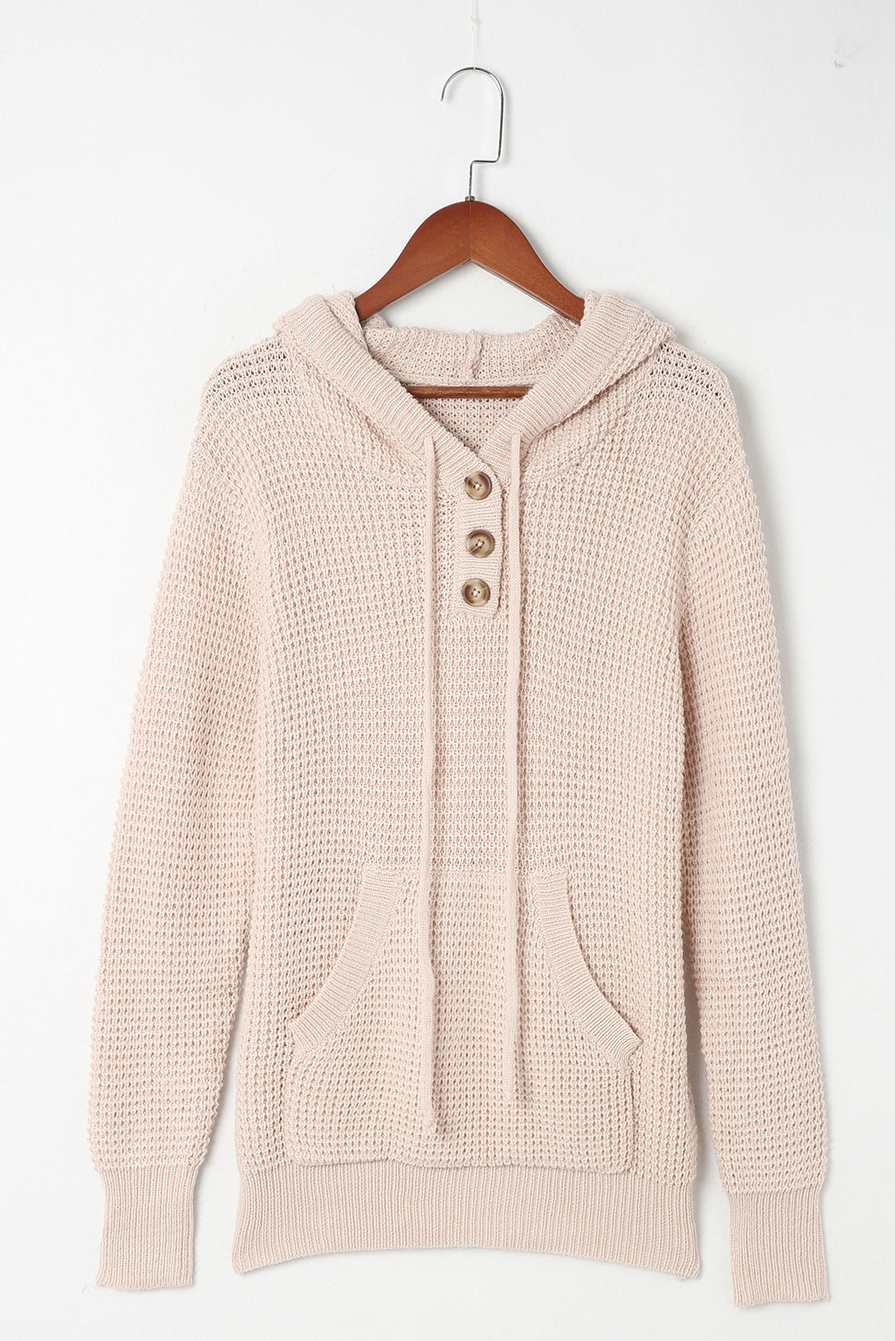 Apricot Buttons Pocket Cable Knit Hooded Sweater