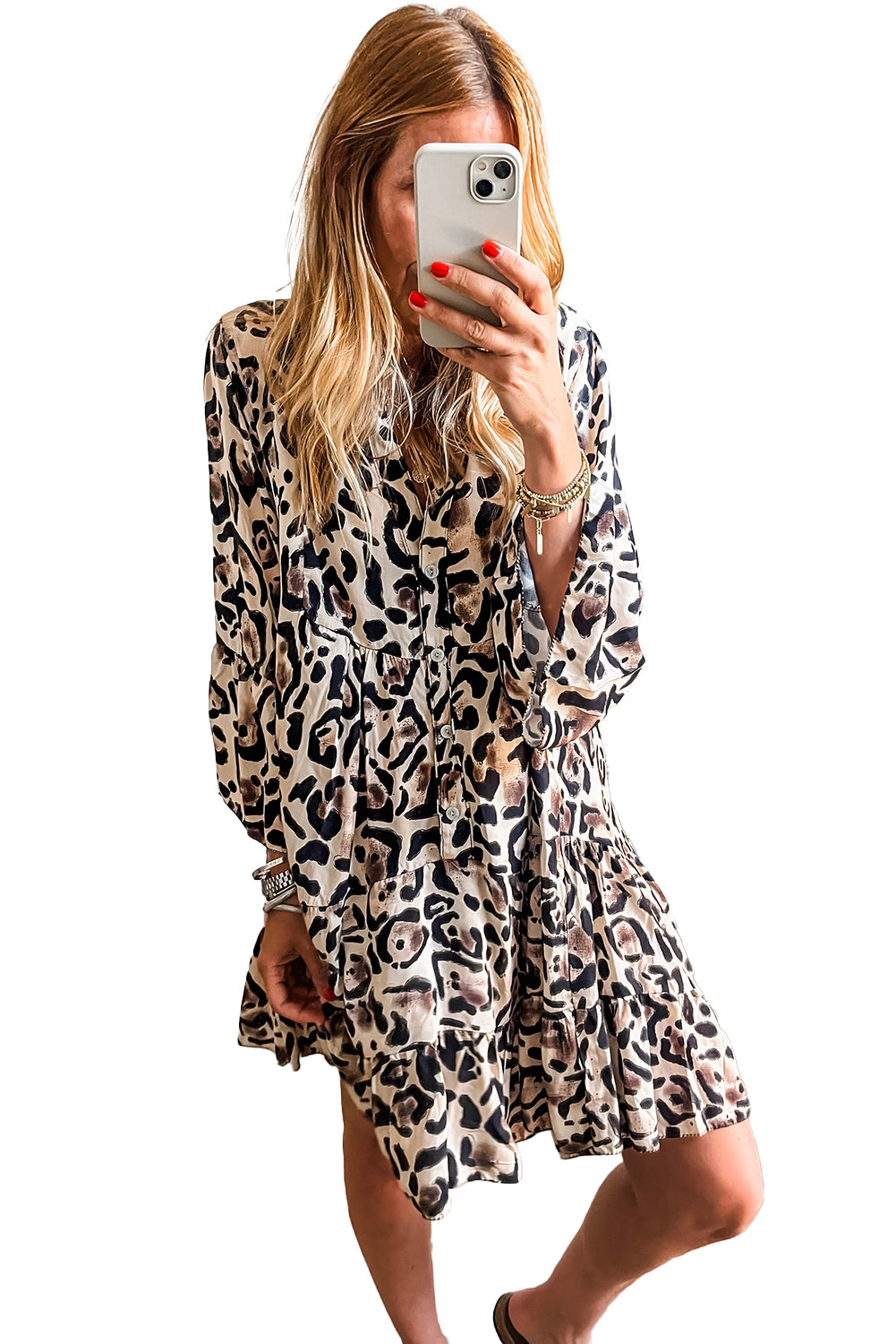 Leopard Button V Neck Flowy Mini Dress