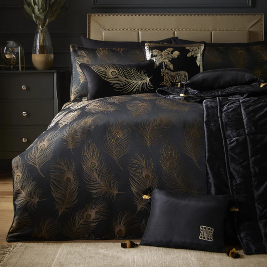 Dandy Feather Jacquard Luxury Black & Gold Duvet Cover Set by Laurence Llewelyn-Bowen