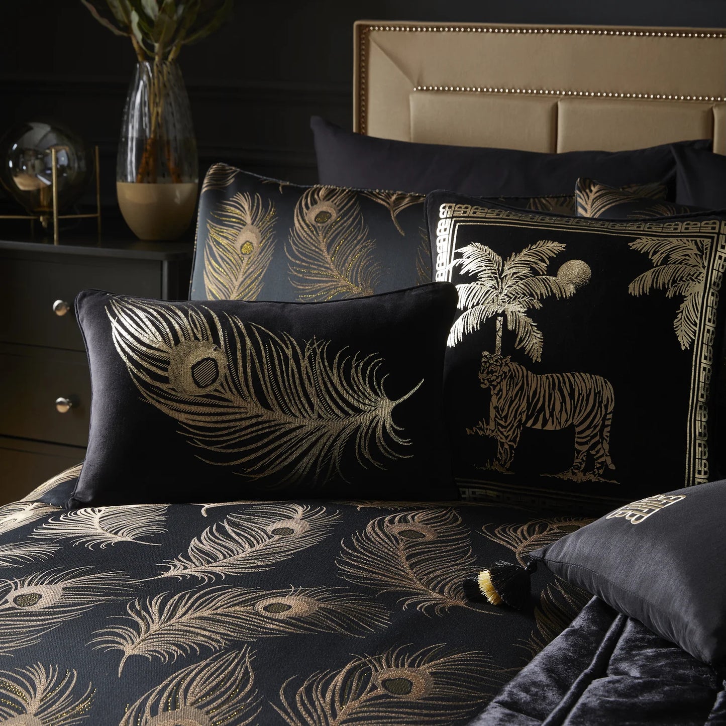 Dandy Feather Jacquard Luxury Black & Gold Duvet Cover Set by Laurence Llewelyn-Bowen