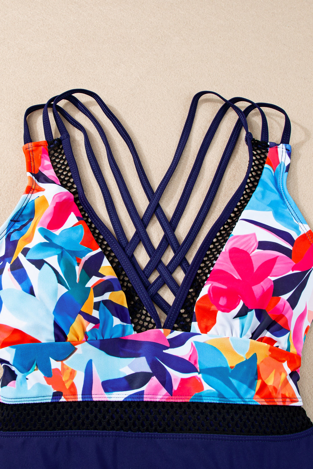 Blue Floral Leopard Splicing Color Block Mesh One Piece Swimsuit