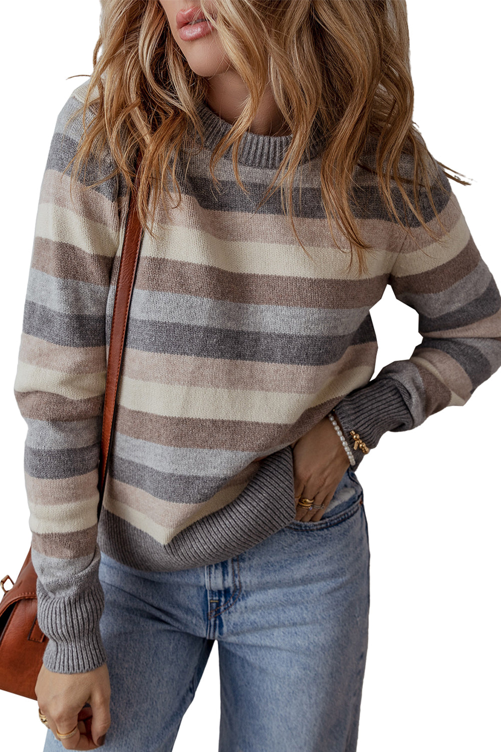 Grey Striped Ribbed Edge Round Neck Sweater