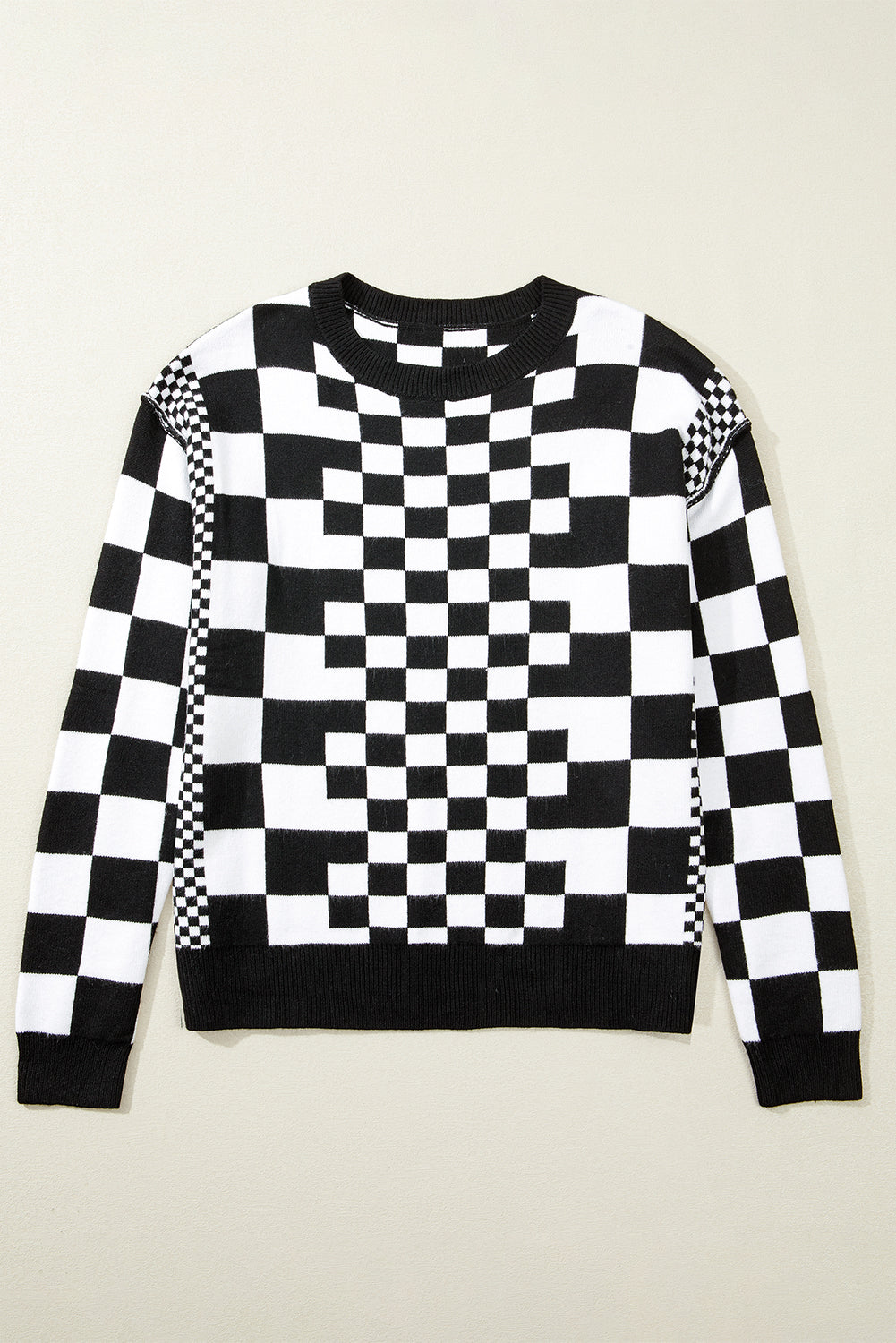 Checkered Drop Shoulder Round Neck Sweater