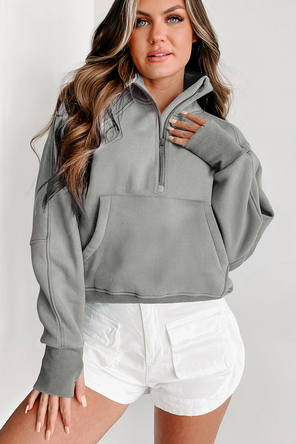 Zip Up Stand Collar Ribbed Thumbhole Sleeve Sweatshirt - 12 Colours Available