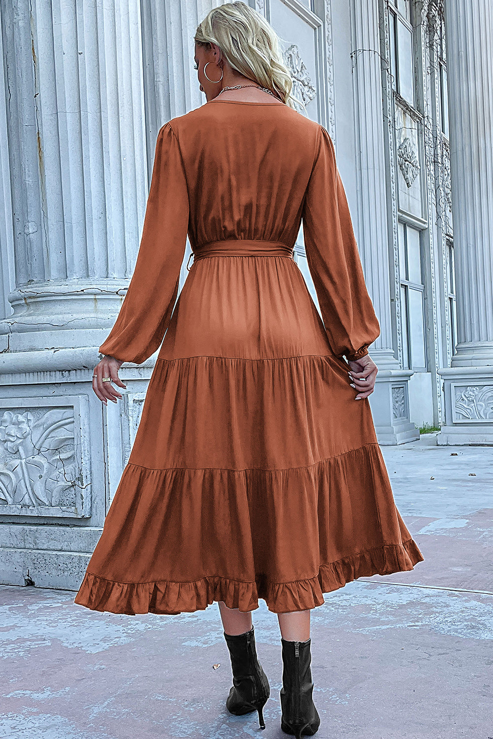 Cinnamon knot Lantern Sleeve Ruffled Hem Pleated Dress