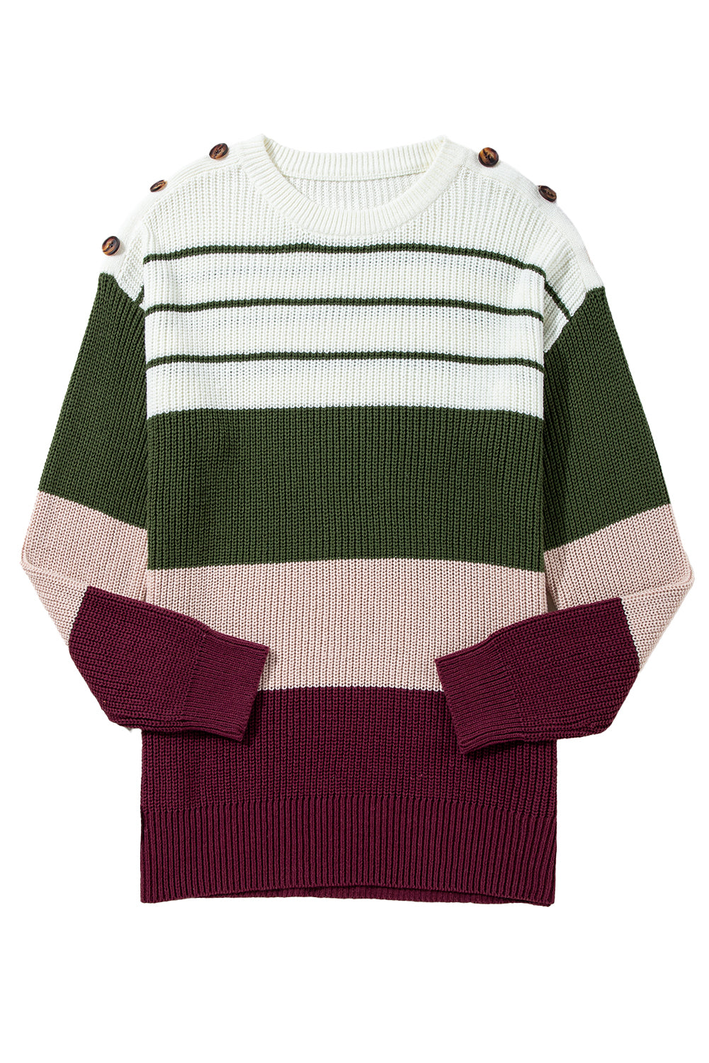 Green Color Block Striped Buttoned Shoulder Split Sweater