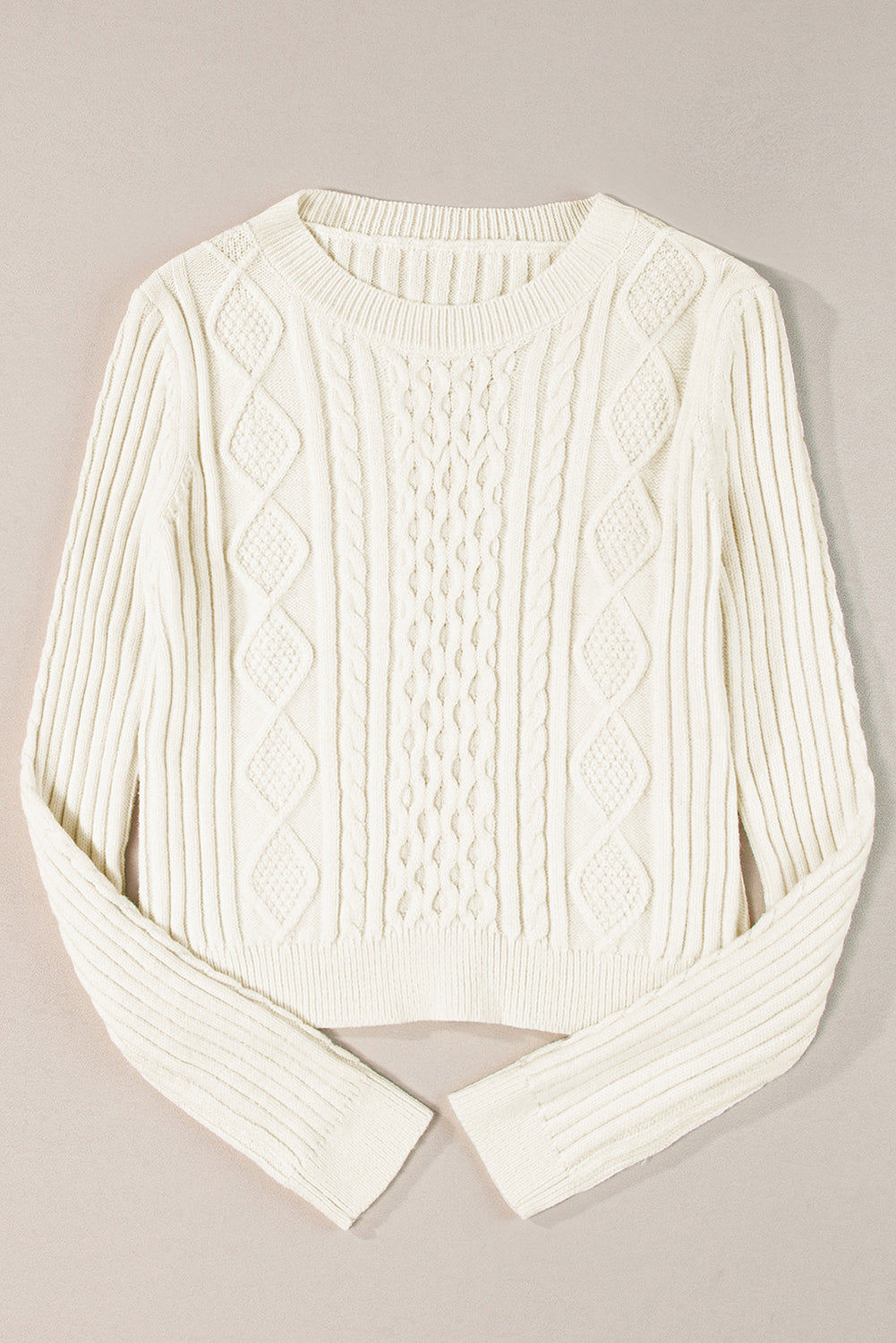 White Solid Colour Cable Knit Cropped Sweater