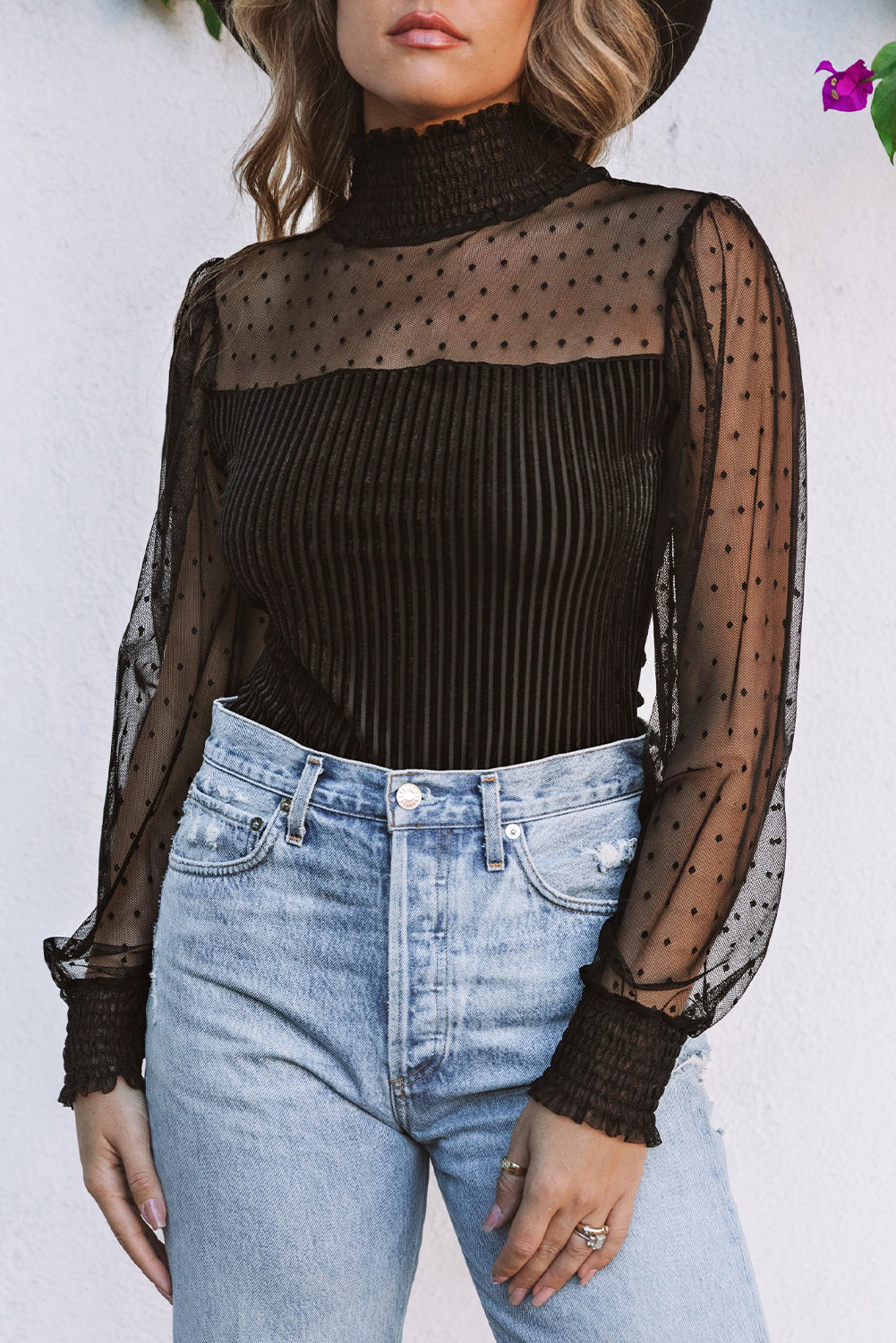 Sexy Sheer Dotty Puff Sleeve Ribbed Velvet Bodysuit