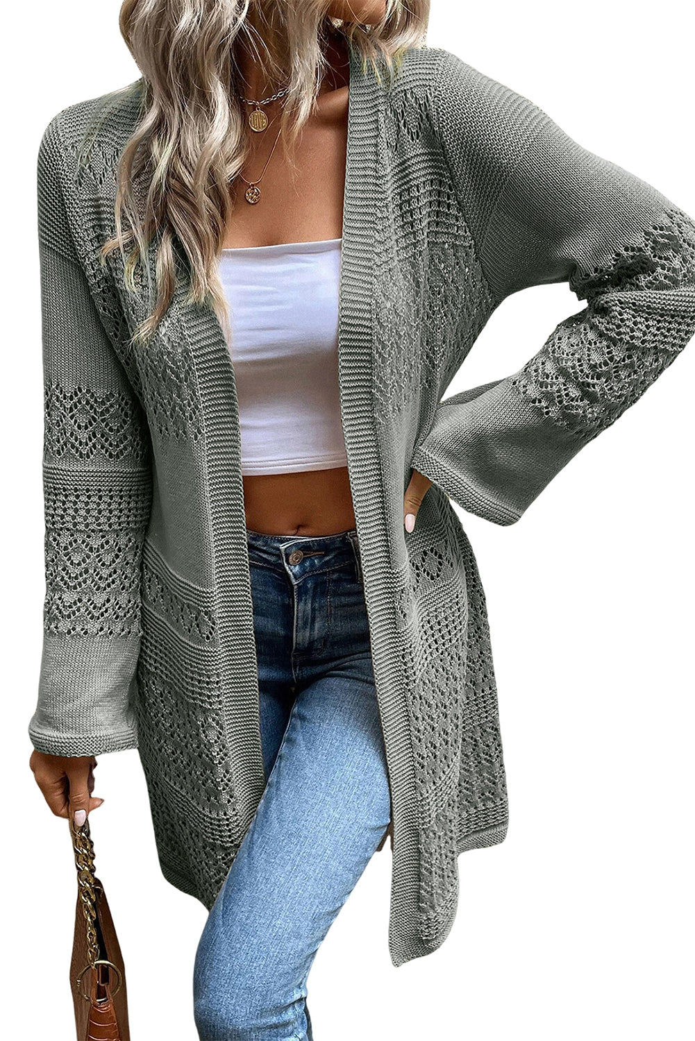 Gray Pointelle Knit Open Front Long Cardigan