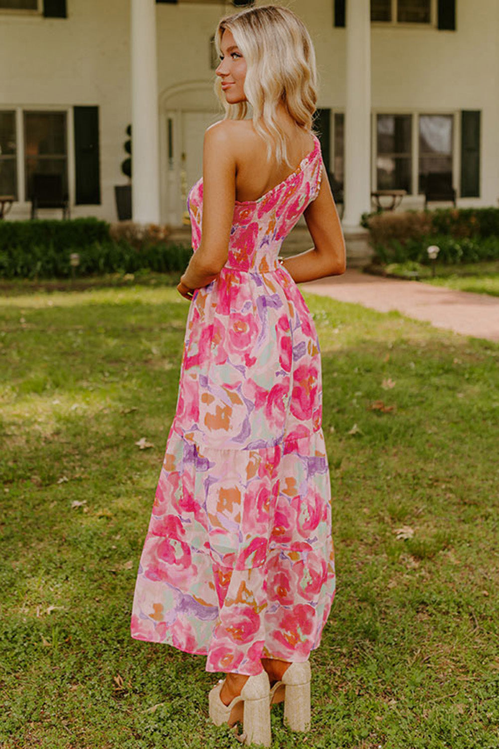 Pink Abstract Floral Print Shirred One Shoulder Maxi Dress