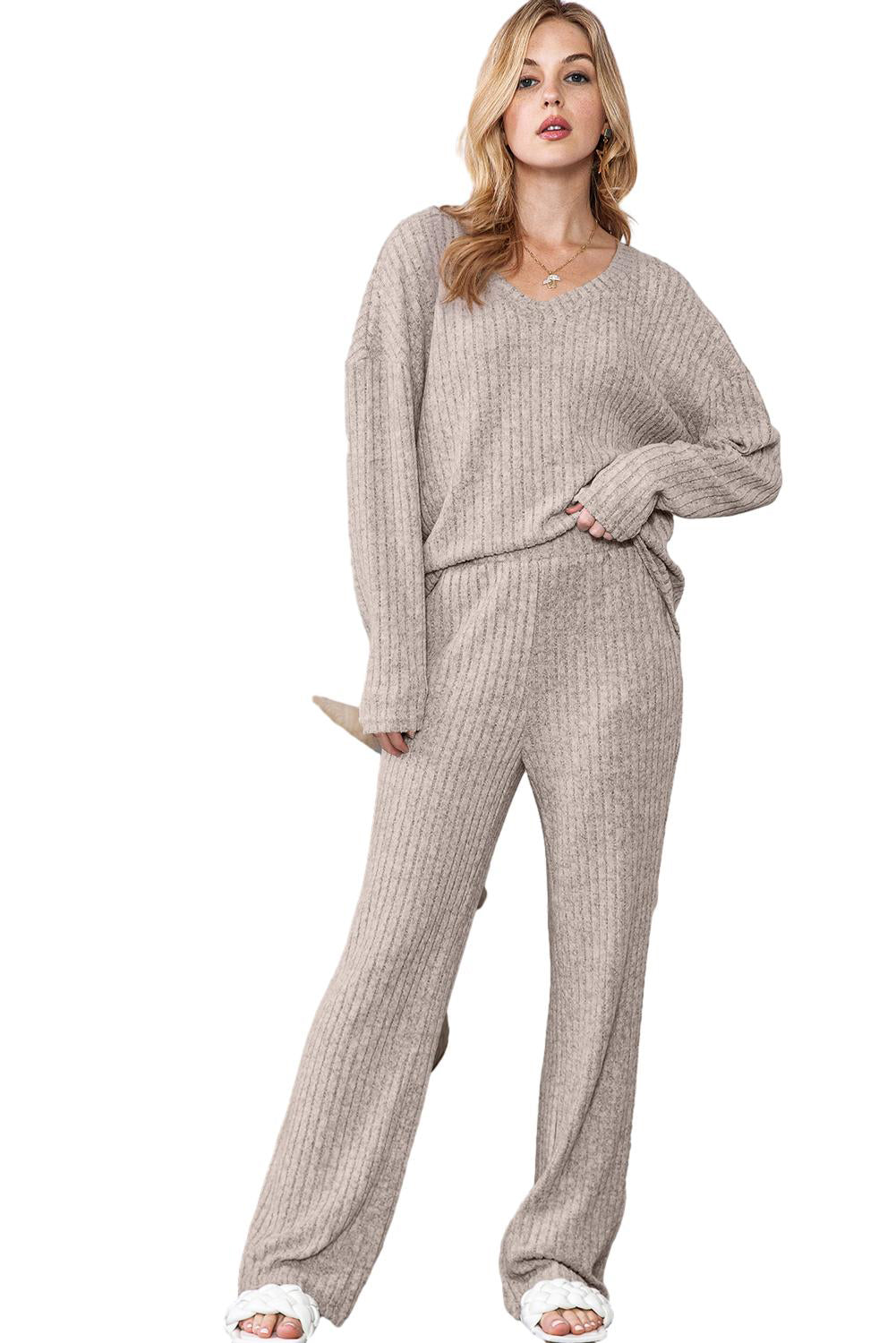 Slouchy Ribbed Knit V Neck Top & Pants Loungewear Set