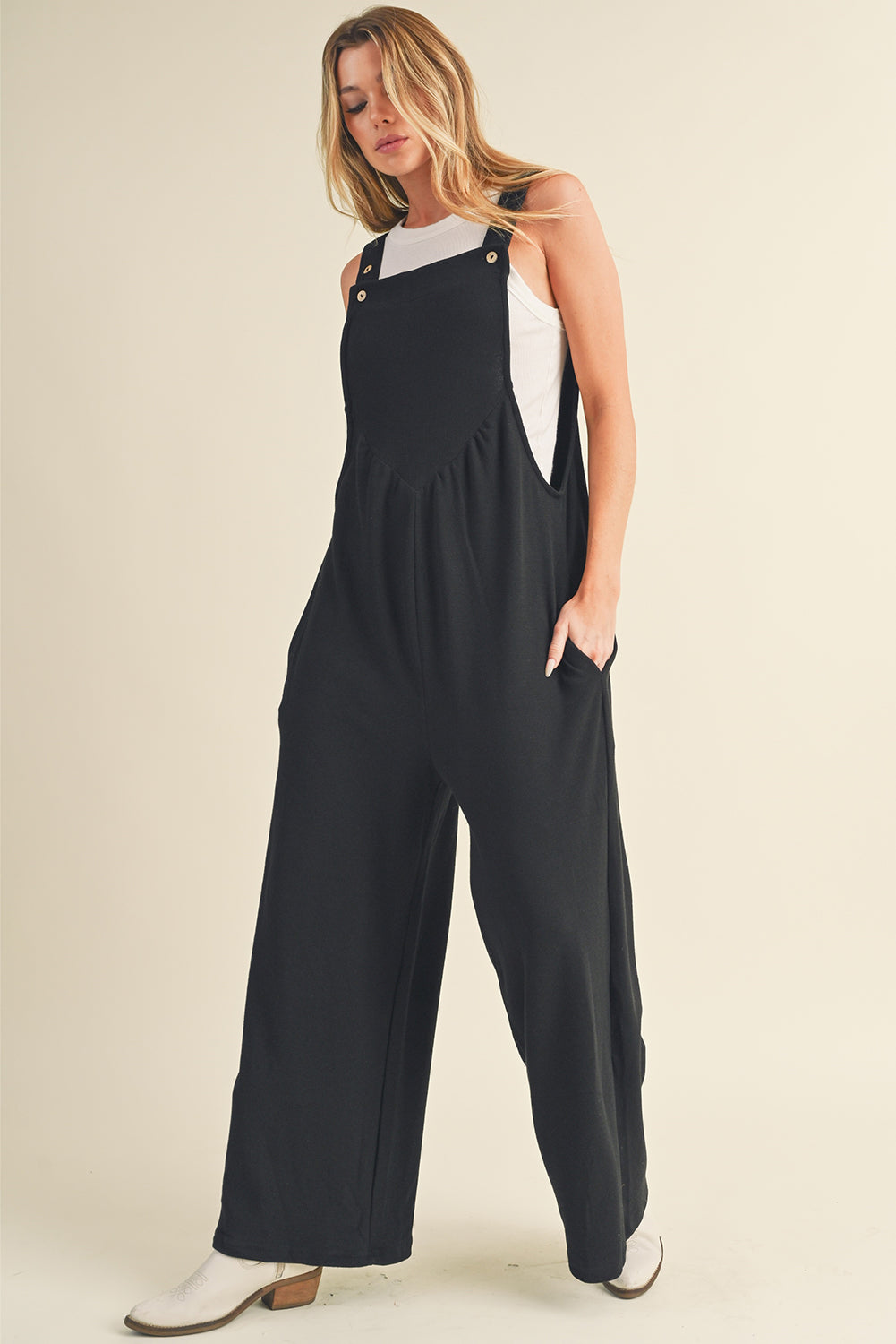 Buttoned Straps Ruched Wide Leg Jumpsuit