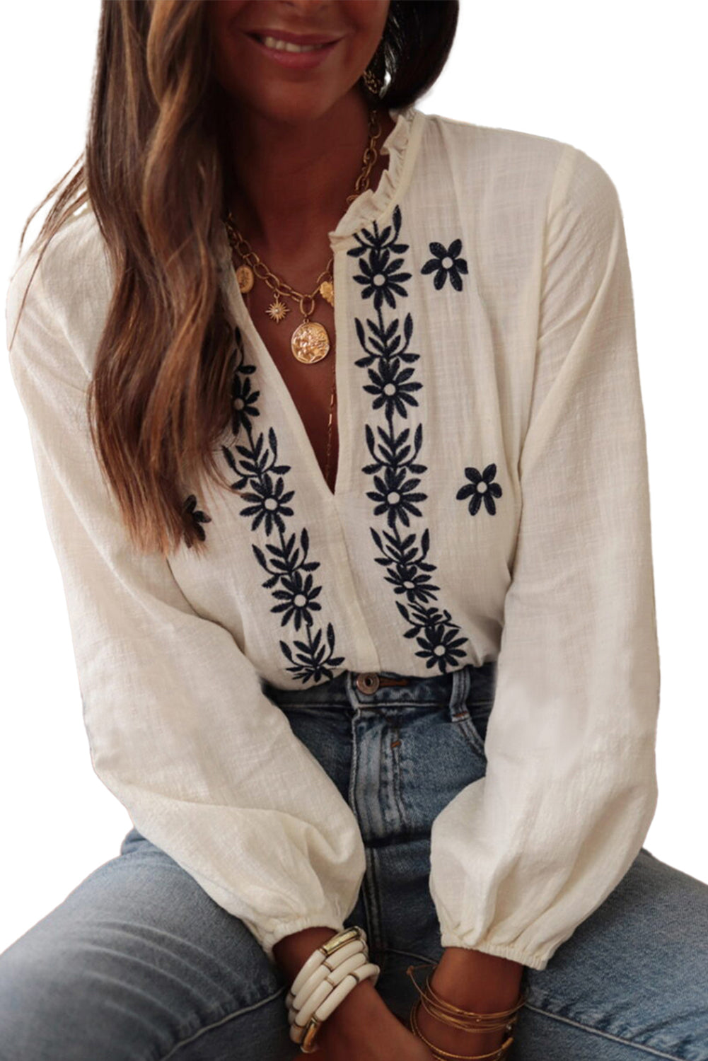 White Floral Embroidered Frill V Neck Puff Sleeve Blouse