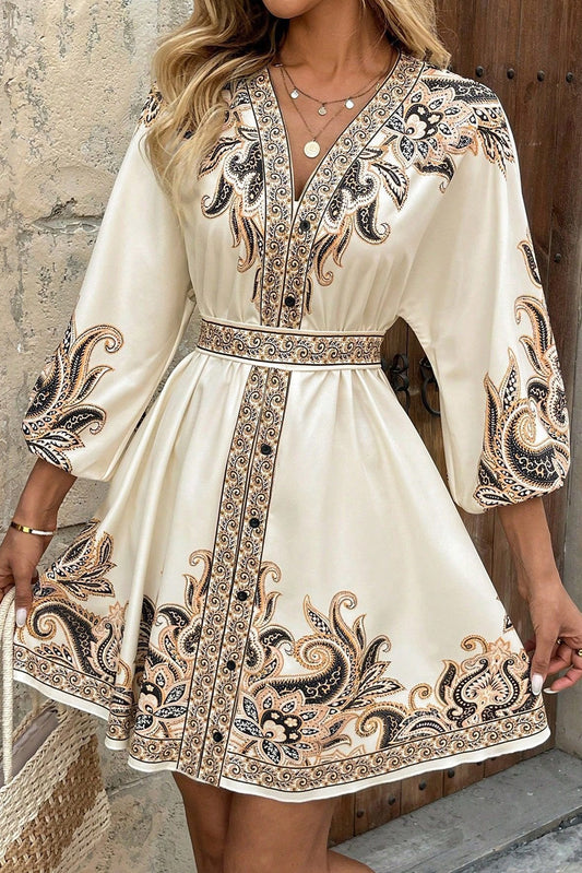 Beige Paisley Print V Neck Bracelet Sleeve Vacation Mini Dress
