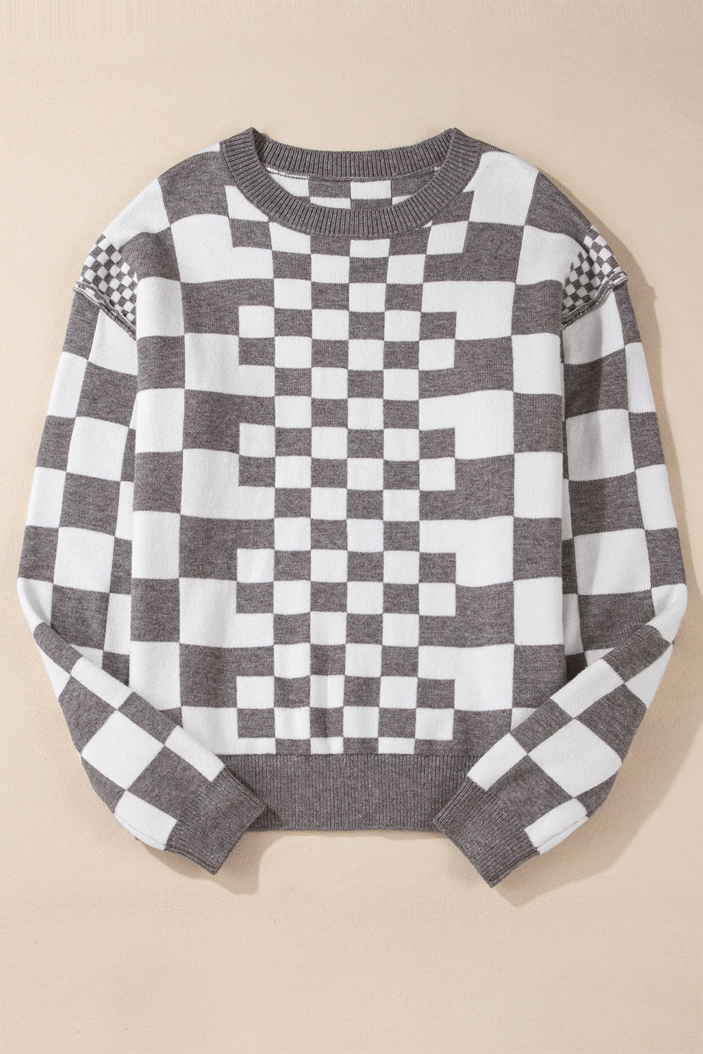 Checkered Drop Shoulder Round Neck Sweater