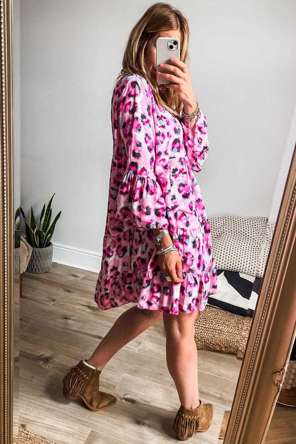 Leopard Button V Neck Flowy Mini Dress