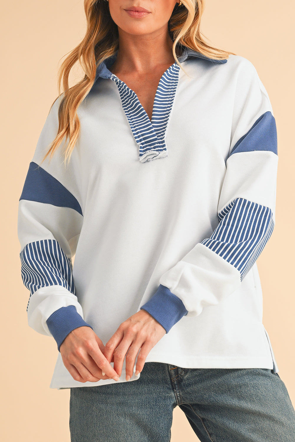 Striped Patchwork Collar Sweatshirt