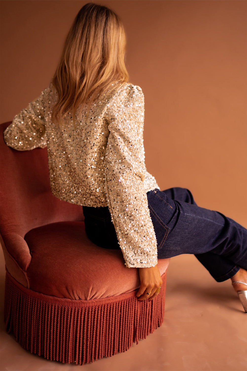 Golden Fleece Sequin Open Front Collarless Jacket