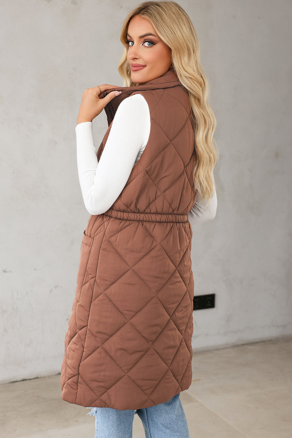 Puffer Quilted Stand Collar Pocketed Vest Coat