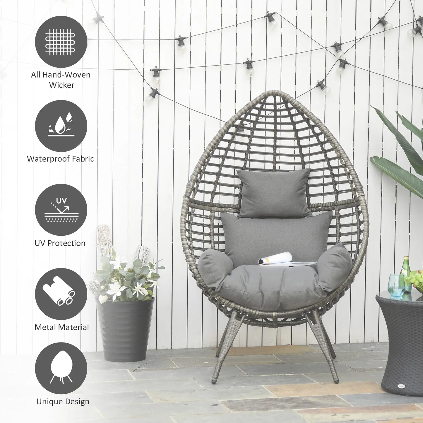 Egg-Shaped Rattan Garden Chair with Thick Cushions