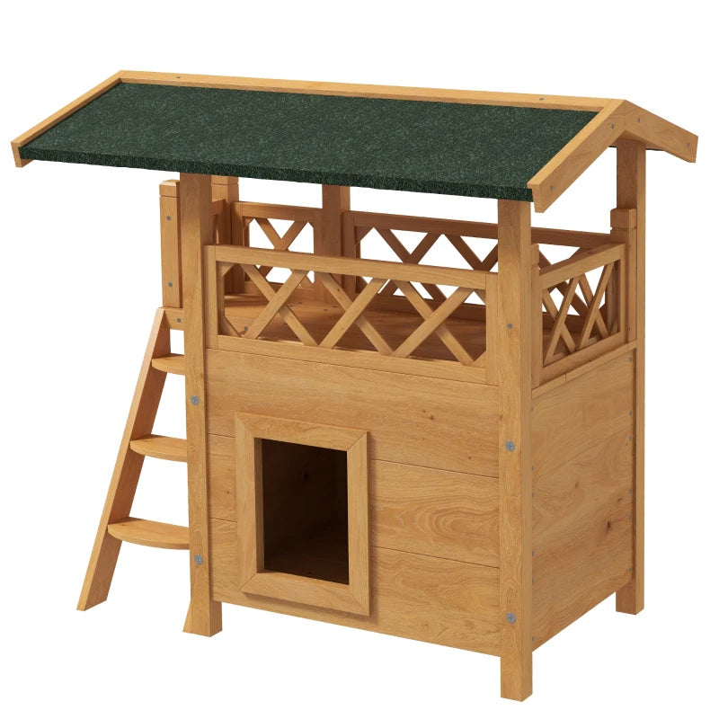 Cat House Outdoor w/ Balcony Stairs Roof, 77 x 50 x 73 cm, Natural Wood Finish