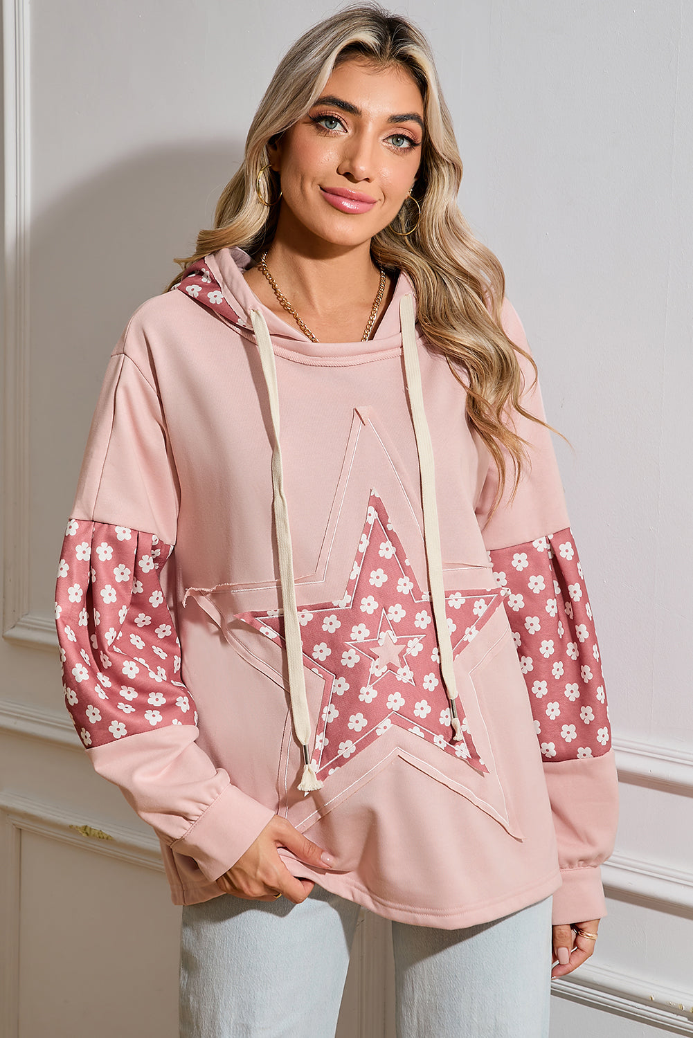 Floral Patchwork Star Pattern Drawstring Hoodie