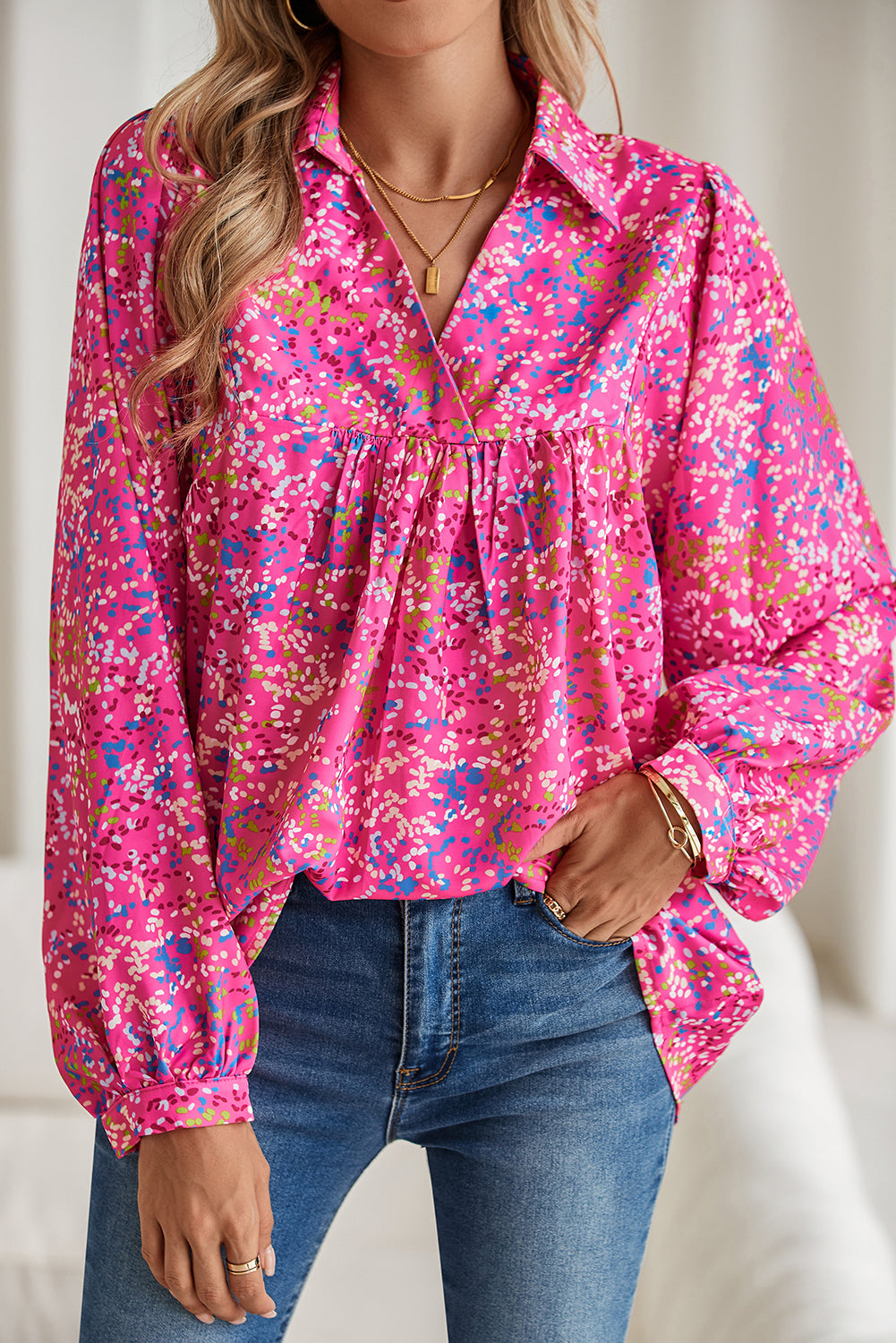 Abstract Print Loose Fit Collared V Neck Babydoll Blouse