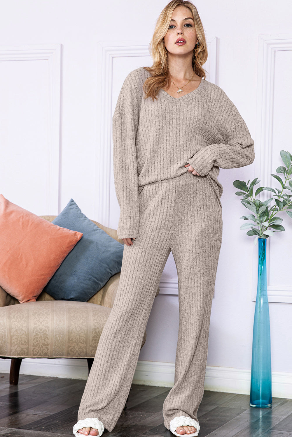 Slouchy Ribbed Knit V Neck Top & Pants Loungewear Set