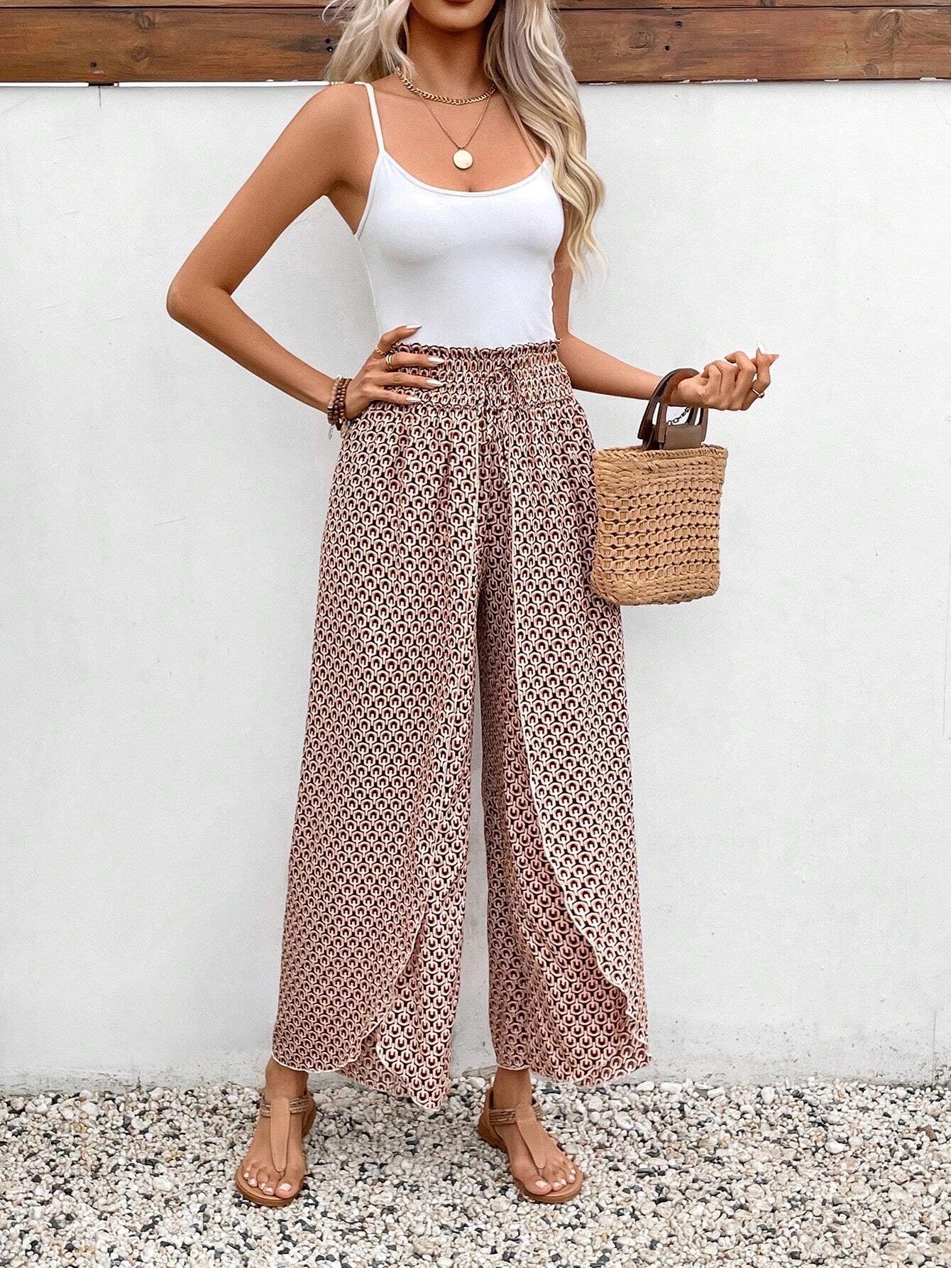 Pink Floral Shirred Side Slit Wide Leg Pants