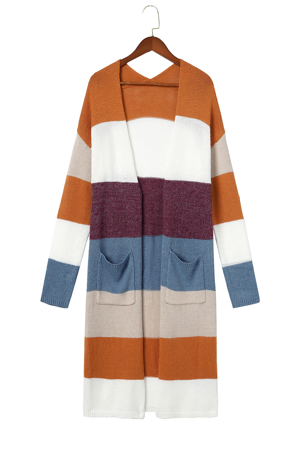 Multicolor Knitted Color Block Open Front Long Cardigan