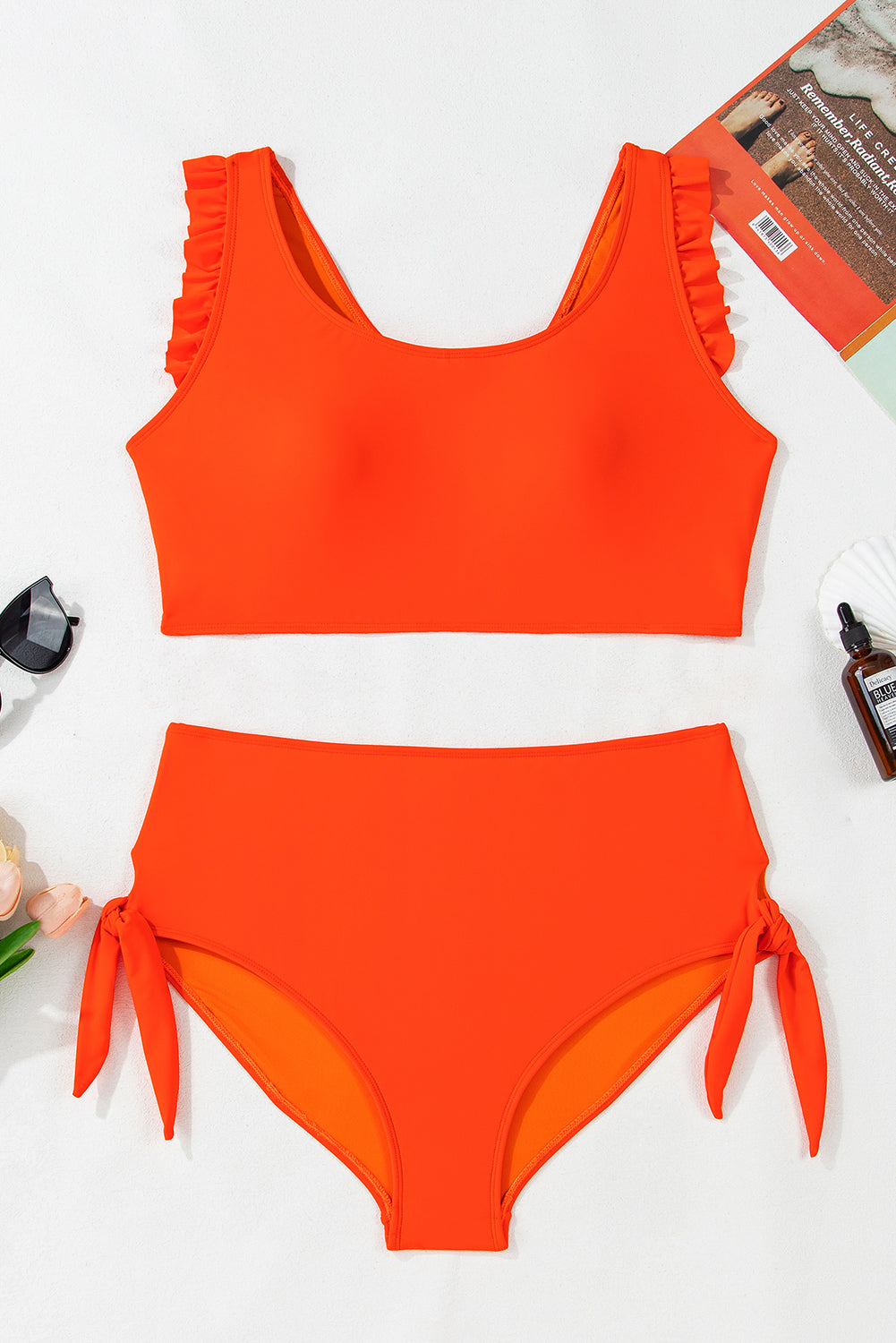 Orange Ruffled Trim Knotted High Waist Plus Size Bikini Set