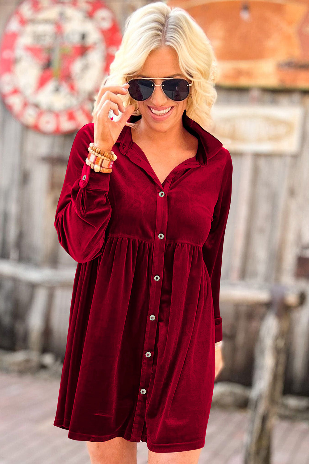 Long Sleeve Ruffle Velvet Button Up Shirt Dress