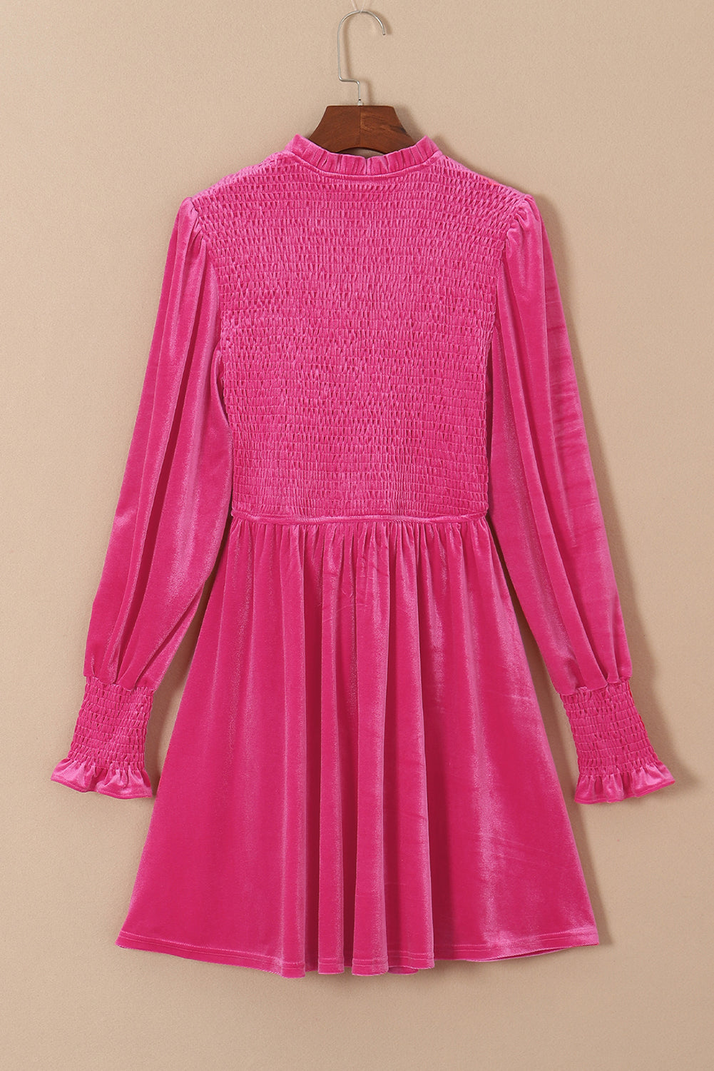 Smocked Lantern Sleeve Frilled Velvet Dress