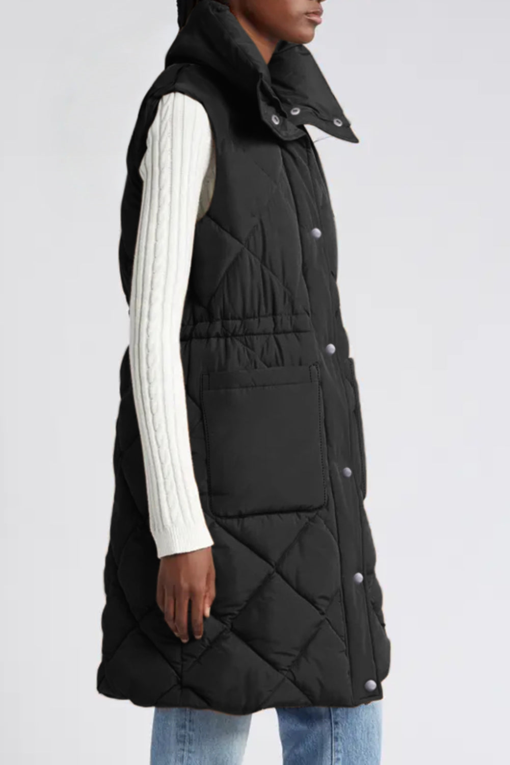 Puffer Quilted Stand Collar Pocketed Vest Coat