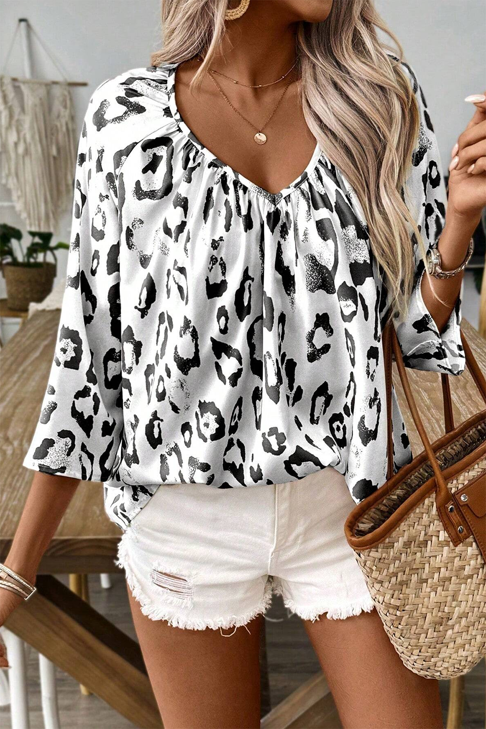 Leopard Print V Neck 3/4 Sleeve Blouse