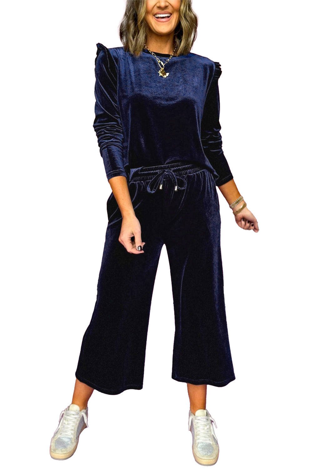 Velvet Ruffle Shoulder and Wide Leg Pants Set