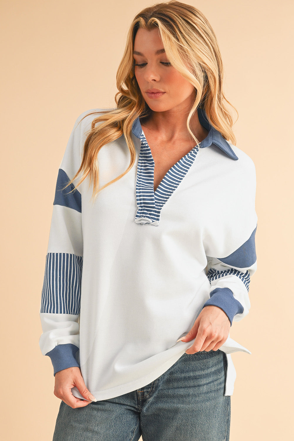 Striped Patchwork Collar Sweatshirt