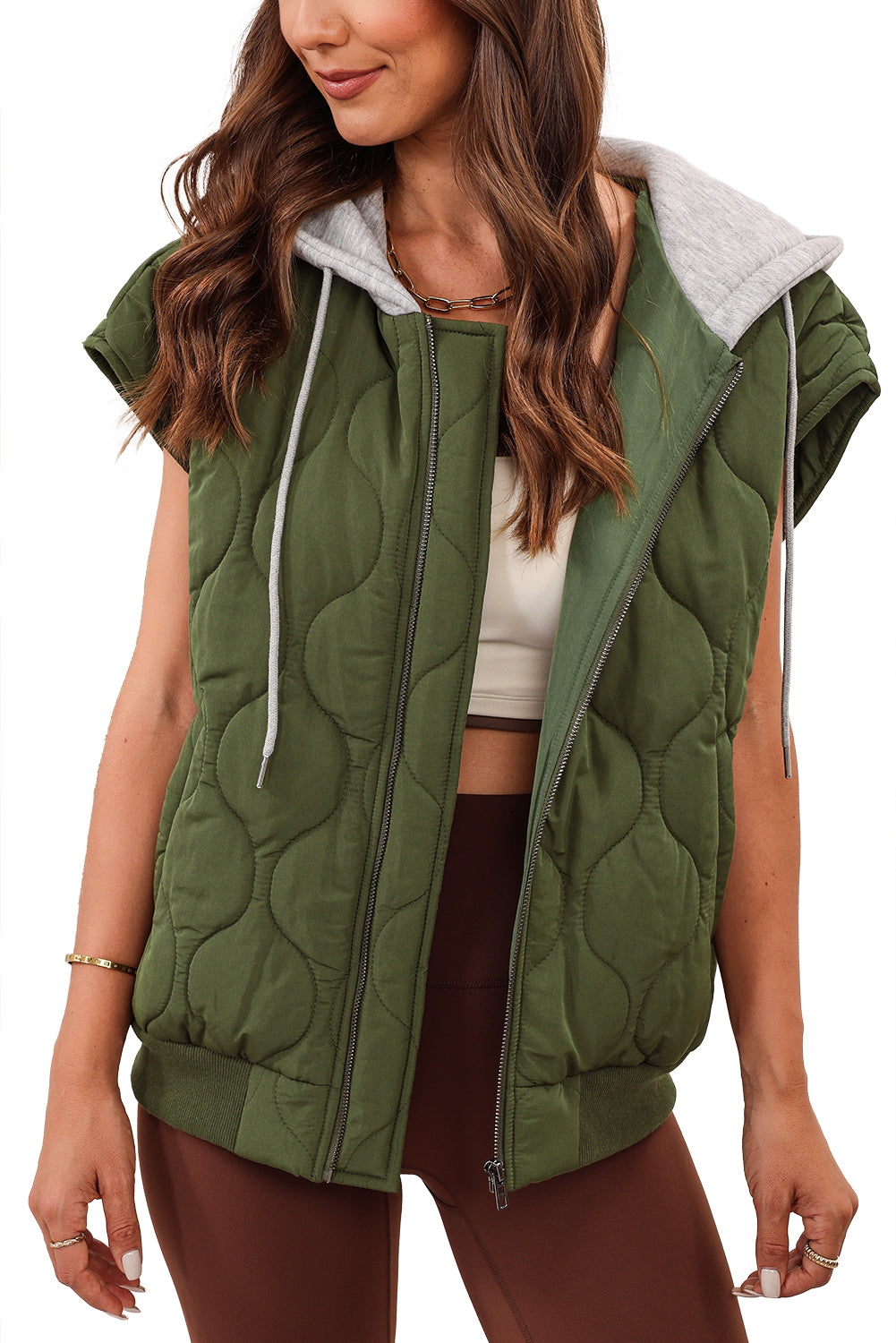 Quilted Drawstring Hooded Zip Up Puffer Vest