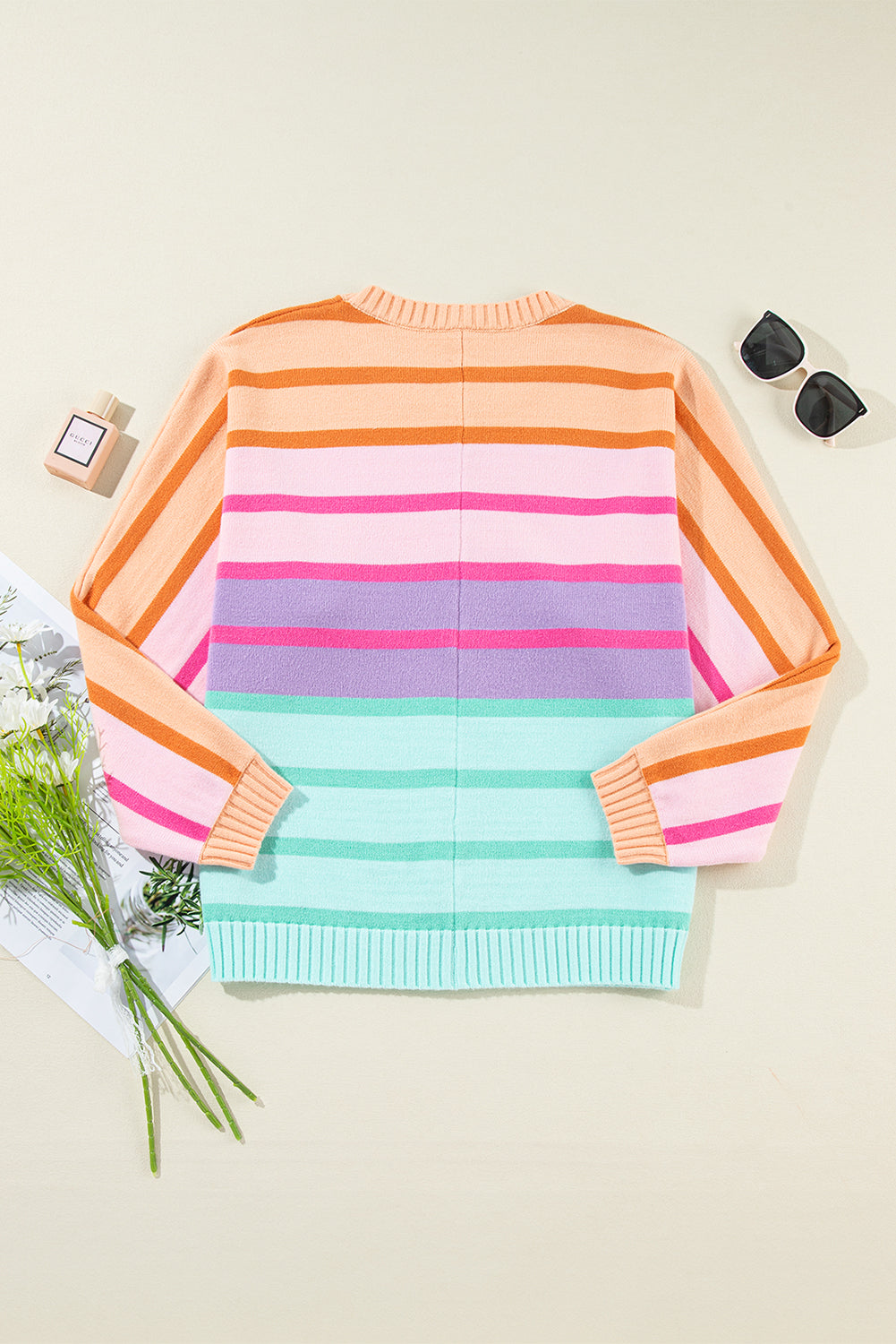 Striped Ribbed Edge Gradient Loose Sweater