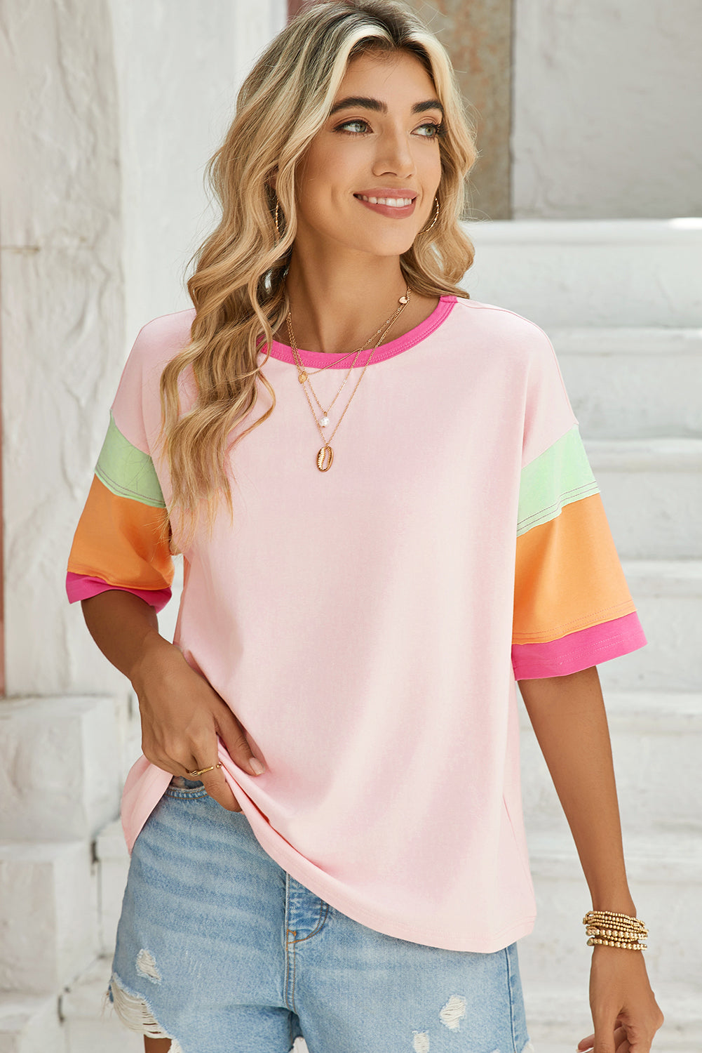 Color Block Sleeve Round Neck Oversize Top