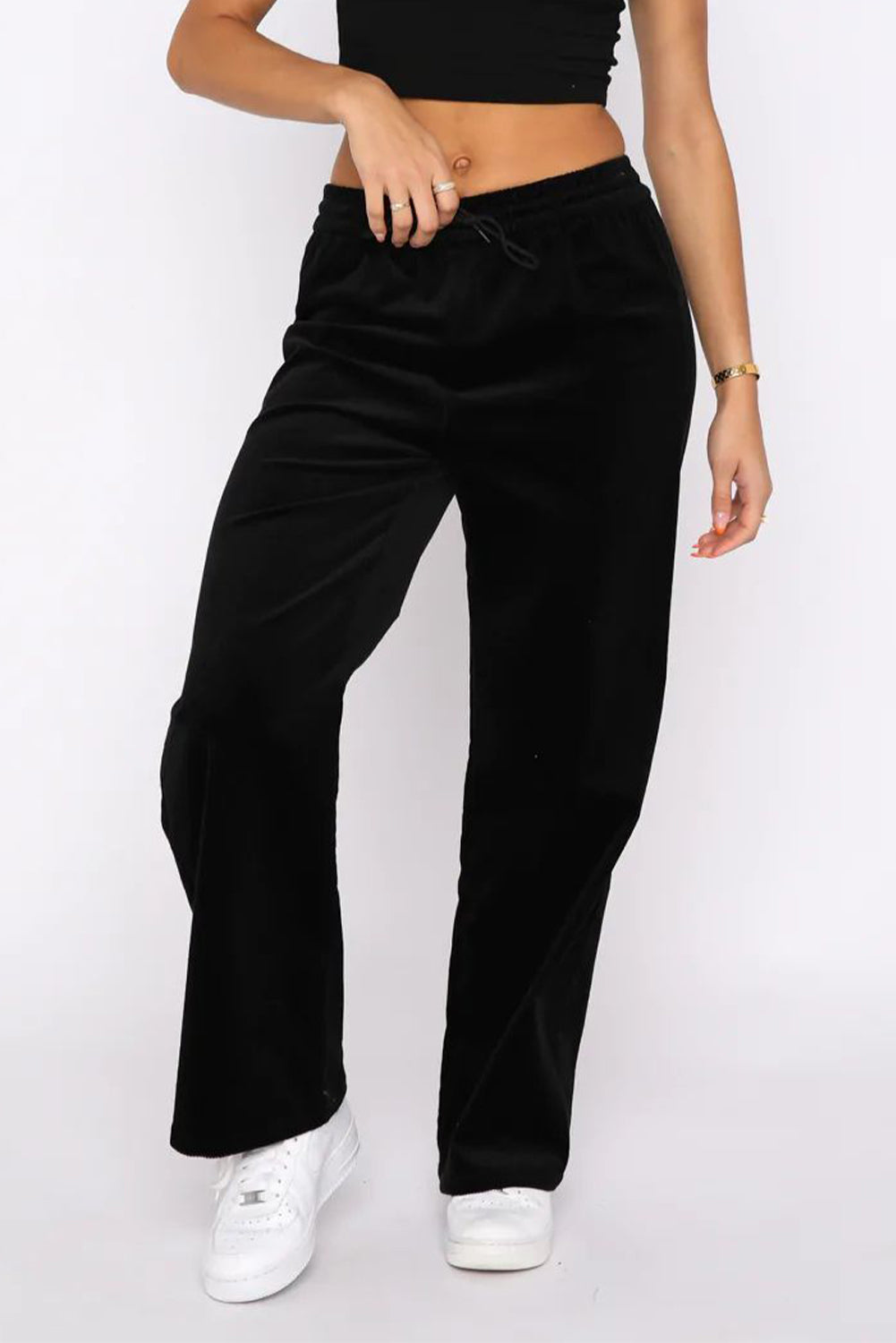 Black Solid Drawstring Waist Wide Leg Pants