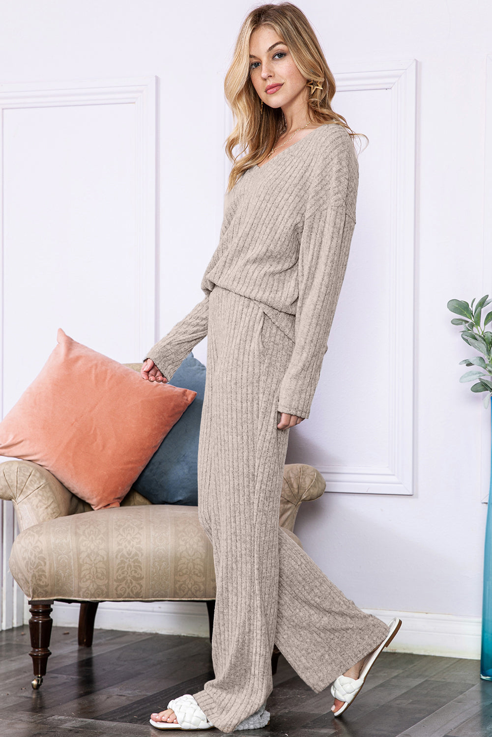 Slouchy Ribbed Knit V Neck Top & Pants Loungewear Set