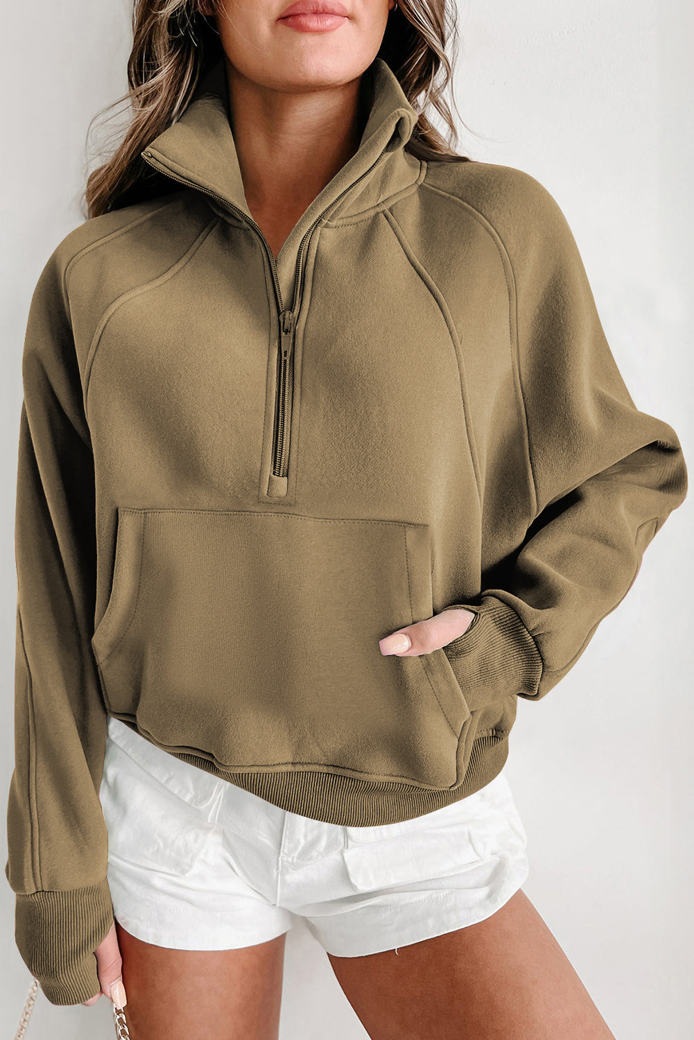 Zip Up Stand Collar Ribbed Thumbhole Sleeve Sweatshirt - 12 Colours Available