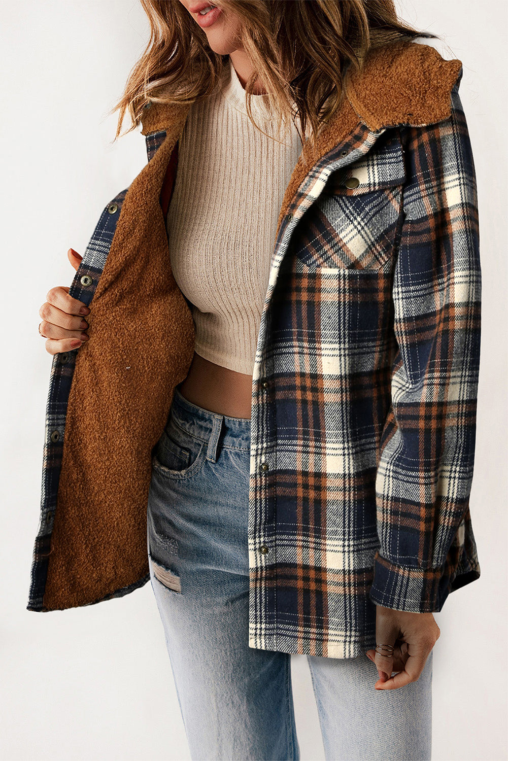 Button Sherpa Lined Hooded Flannel Jacket