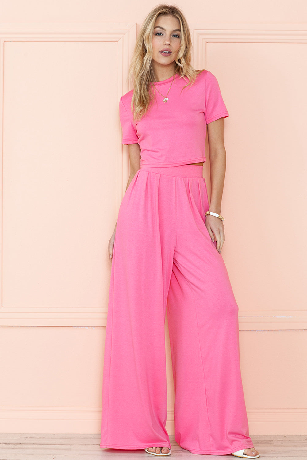 Plain Slim Fit Crop Top And Wide Leg Pants Set