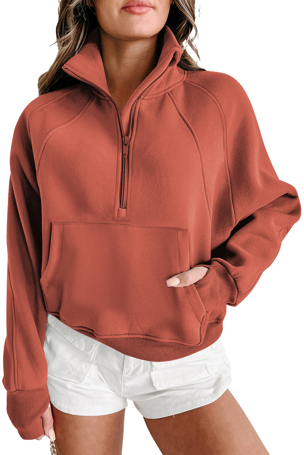 Zip Up Stand Collar Ribbed Thumbhole Sleeve Sweatshirt - 12 Colours Available